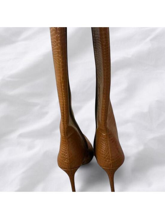 Brown croc embossed knee high stiletto boots pointed toe + zipper back. - Picture 3 of 5